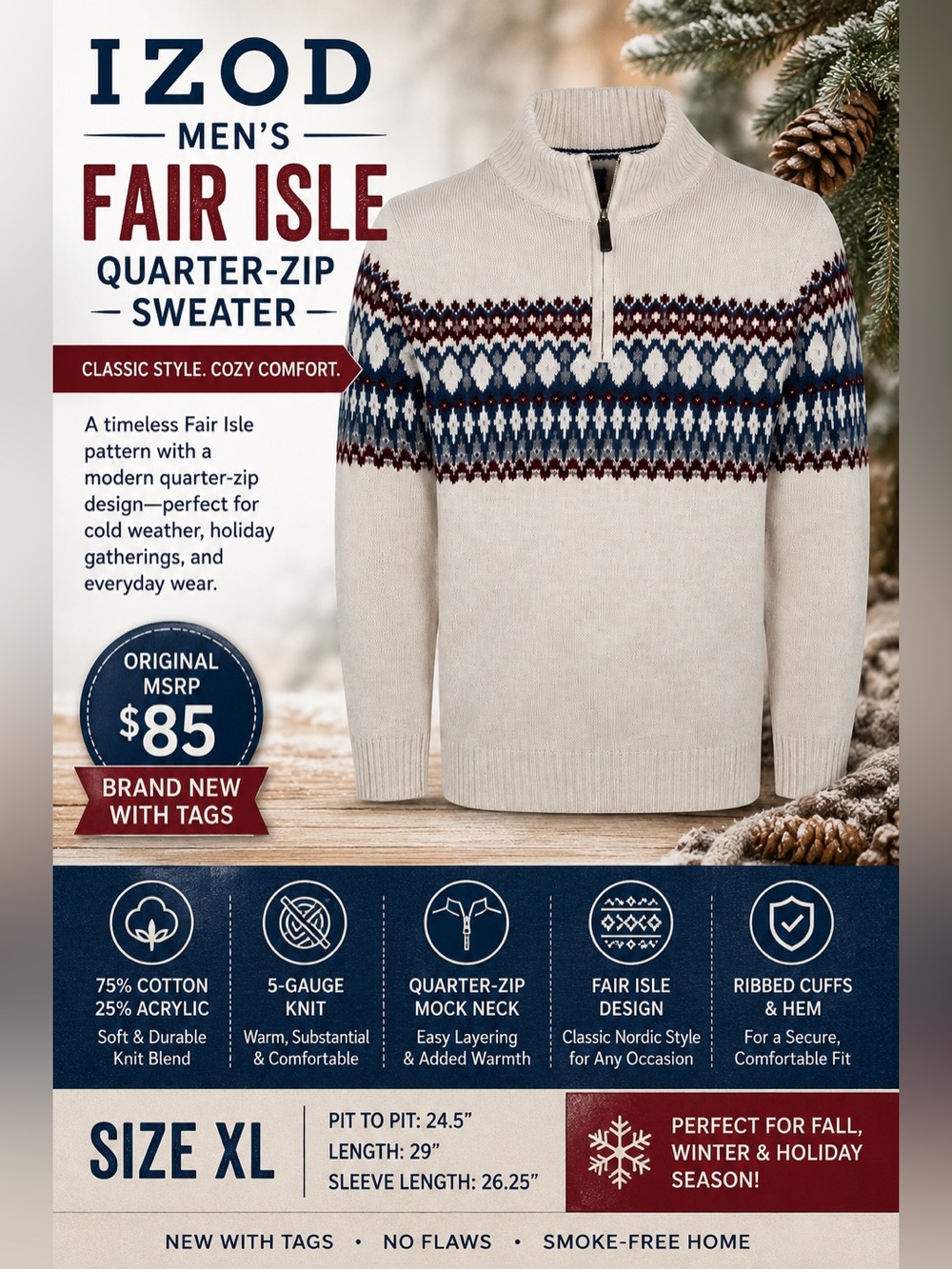 Izod Cream Fair Isle Quarter-Zip Sweater with Navy & Burgundy Pattern - Picture 16 of 16